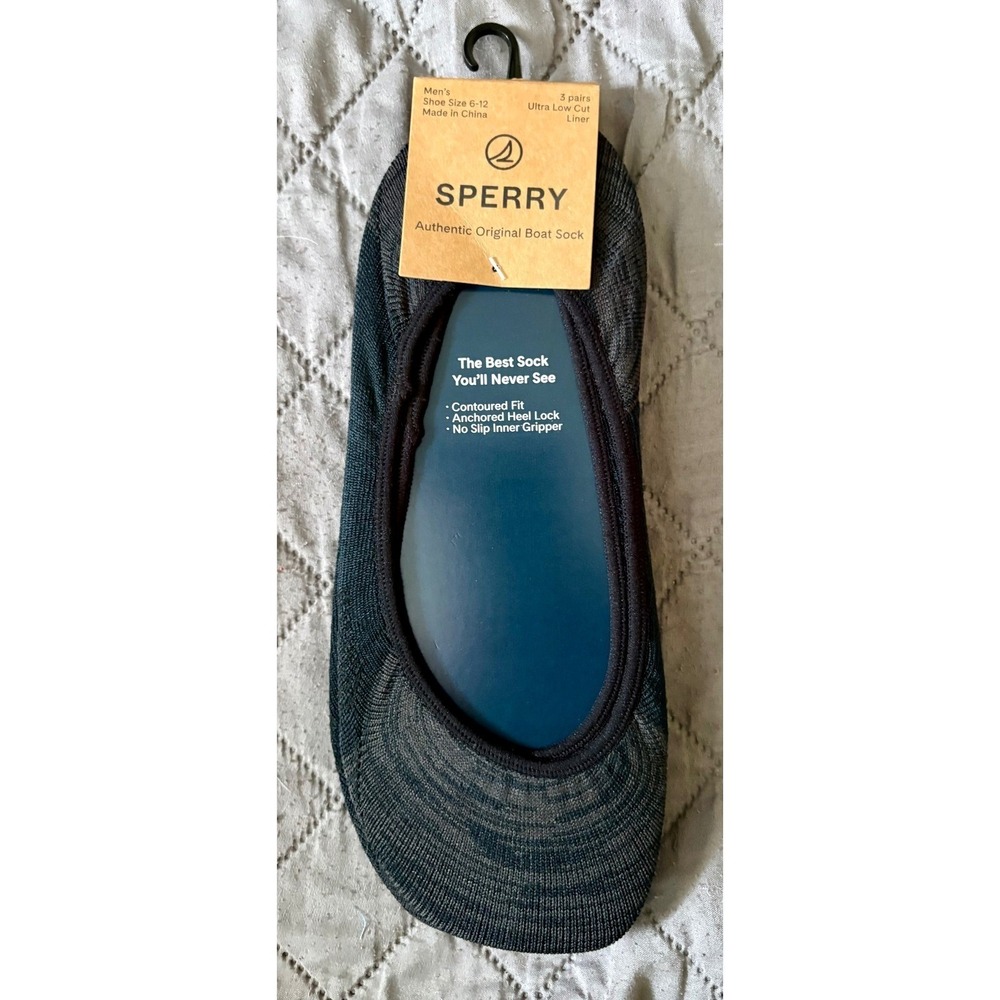 Sperry Mens 3 Pack Ultra Low Cut Liner Boat Socks Black Grey Sz 6-12 SPM39003PK